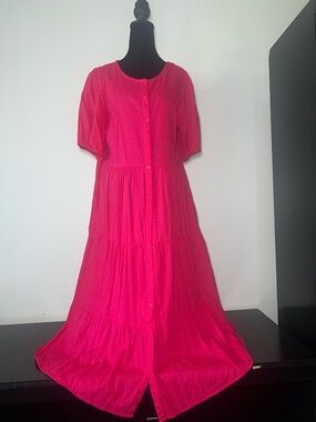Old Navy Fuschia/Pink Dot Boho Button Down Tiered Western Maxi Dress Large